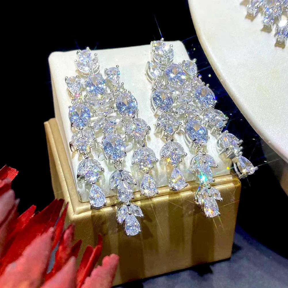 Luxury Floral Design Wedding Dubai Bridal Jewelry 2 PCS Set Shiny Cubic Zirconia CZ Necklace Pendant Earrings X0202