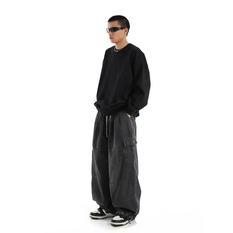 Y2k Black Baggy Cargo Jeans Trousers Men Streetwear Denim Pants