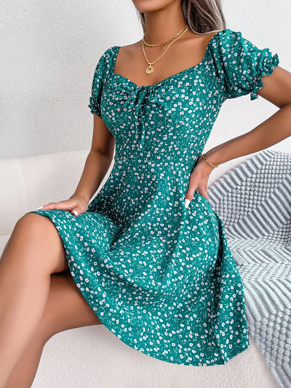 Women Casual Square Neck Flare Short Sleeve Floral Dress Elegant A Line Dress for Spring Summer 2026 Fashion Woman Clothing