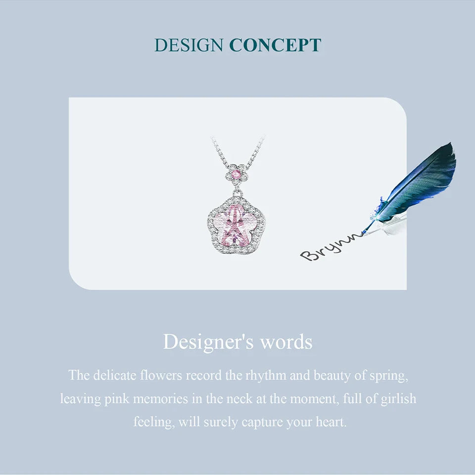 925 Sterling Silver Pink Flower Pendant Necklace Little Star Neck Chain Pave Setting CZ for Women Valentine's Day Gift