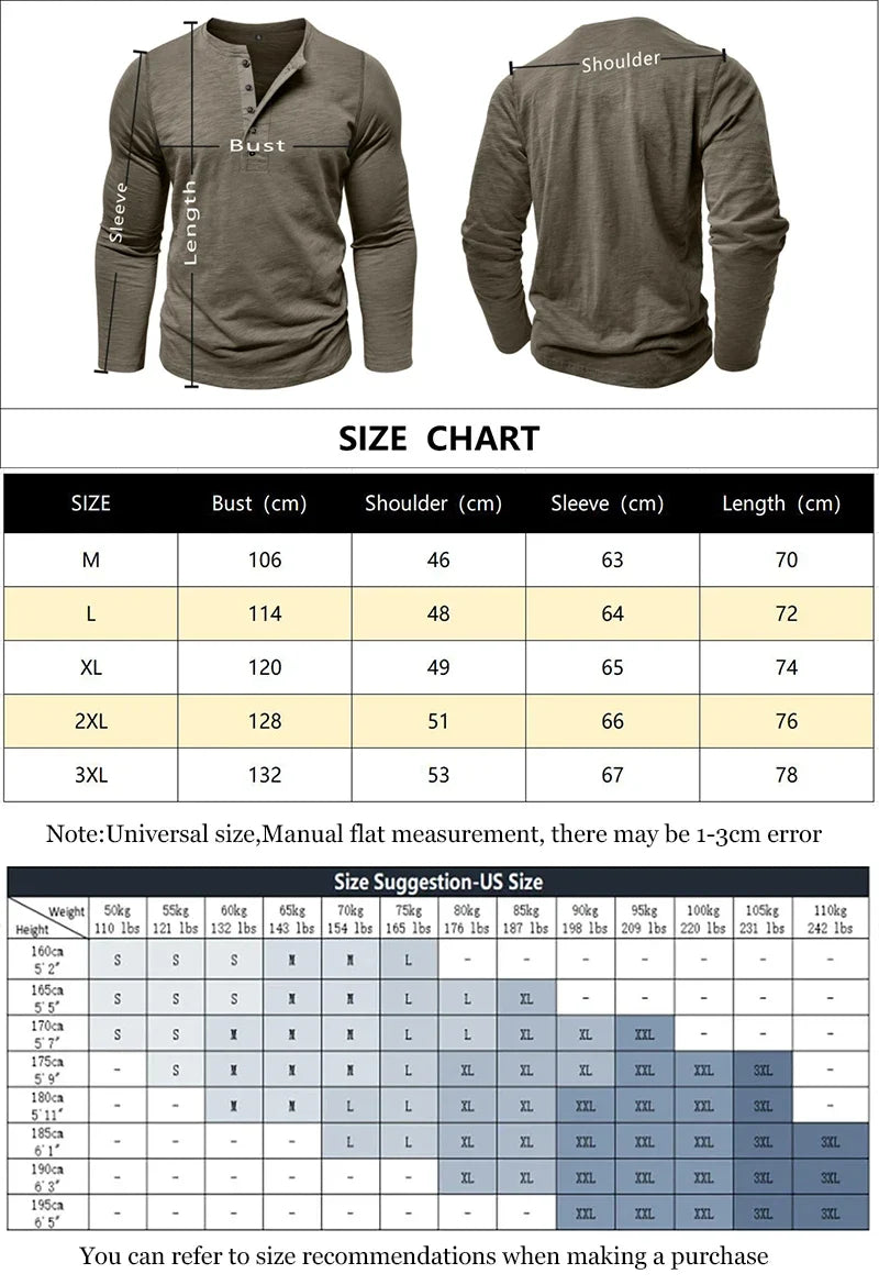 New Autumn Long Sleeve T-Shirt Mens Casual Solid Color Top Henley Neck Slim Versatile Work T-shirt Breathable Outdoor Thin Tee
