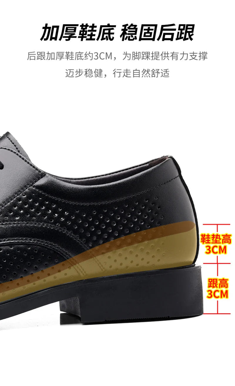 Mens Black Genuine Leather Perforated Metal Decor Lace Up Formal Business Office Breathable Summer Shoes Hollow Stylish Simple