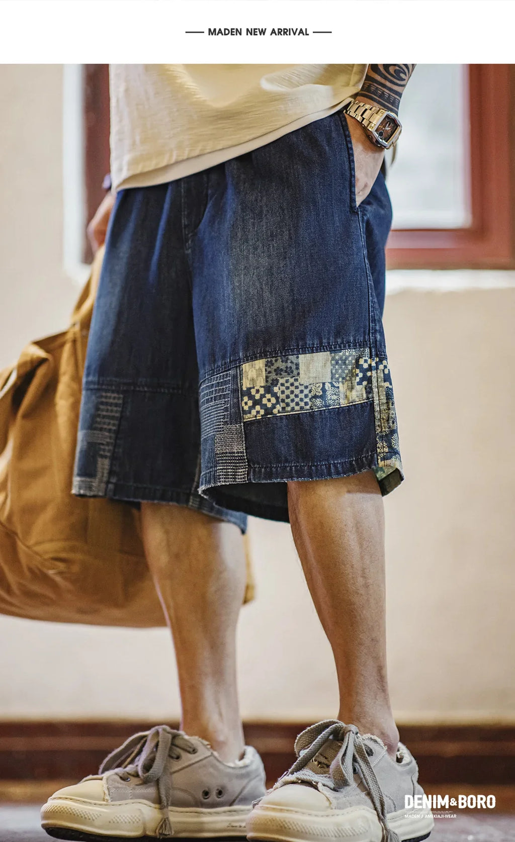 Men's American Retro Slub Texture Washed Denim Shorts Vintage Cloth Spliced Five Inch Loose Casual Workwear Daily Trousers