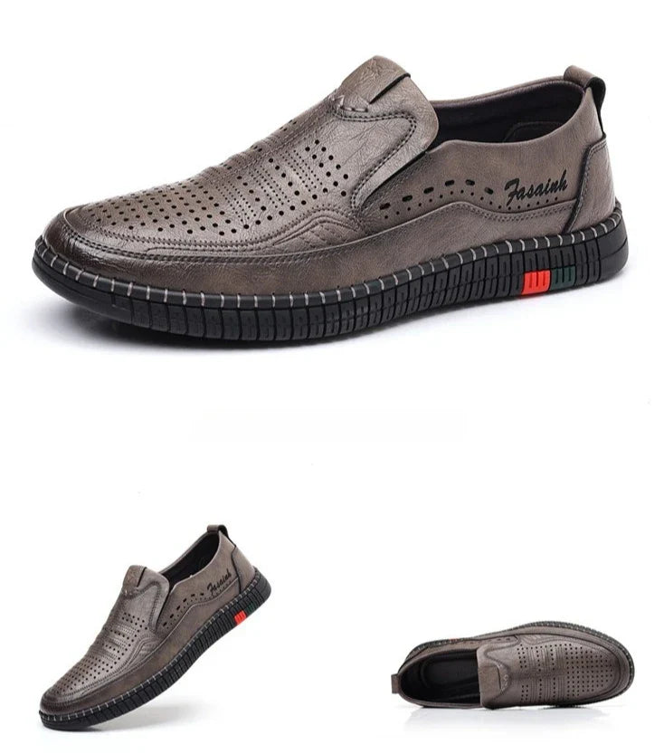 Summer New Breathable Hallow Leather Shoes for Men Solid Color Fashion Casual Driving Shoes Male Low Top Flat Shoes Man