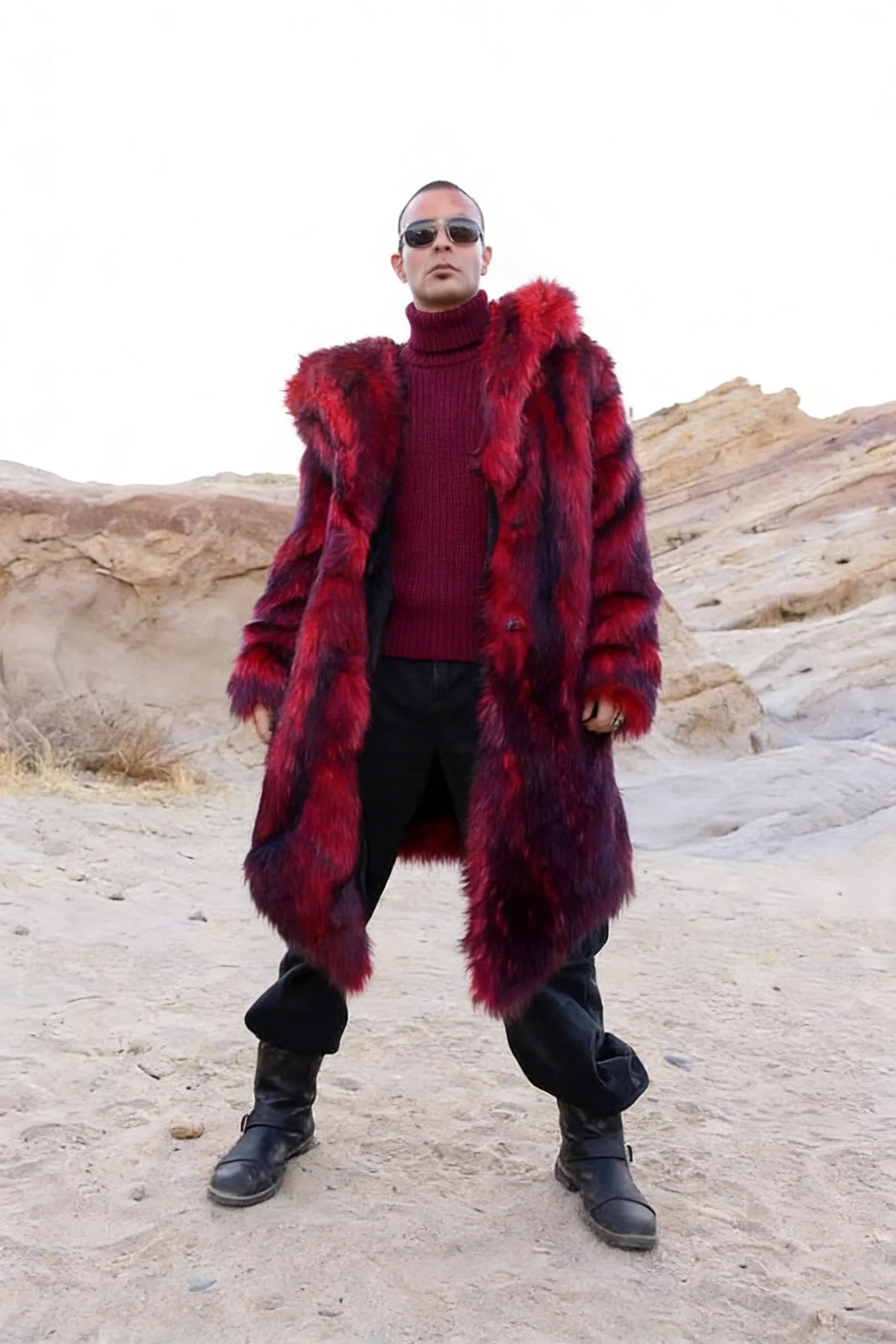 Autumn/Winter Long Warm Fluffy Faux Fur Coat Red Men's Long Sleeve High Quality Luxury Fluffy Coat