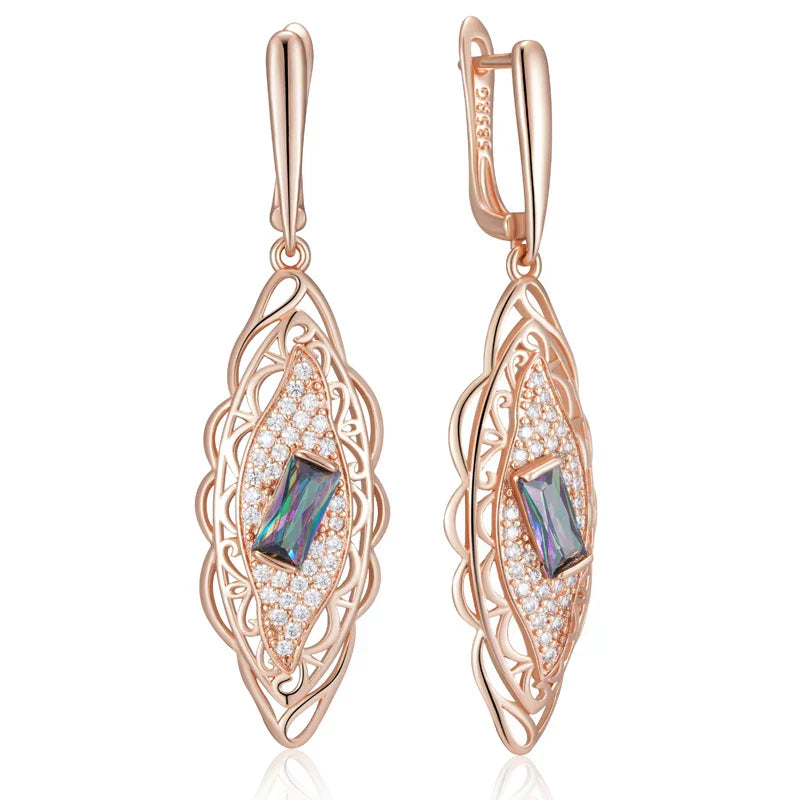 Hot 585 Rose Gold Color Flower Dangle Earrings for Women Square Colorful Natural Zircon Accessories Daily Fine Jewelry