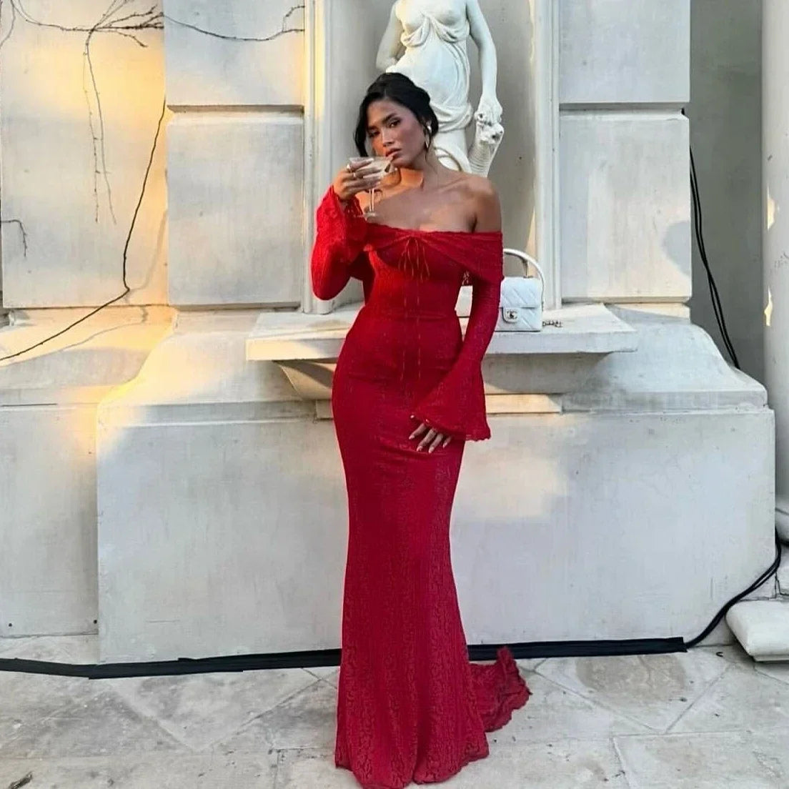 Autumn Off-Shoulder Maxi Dress Elegant Lace Flare Sleeves Red Evening Party Dress Women's New Arrival 2025 Cocktail Dress