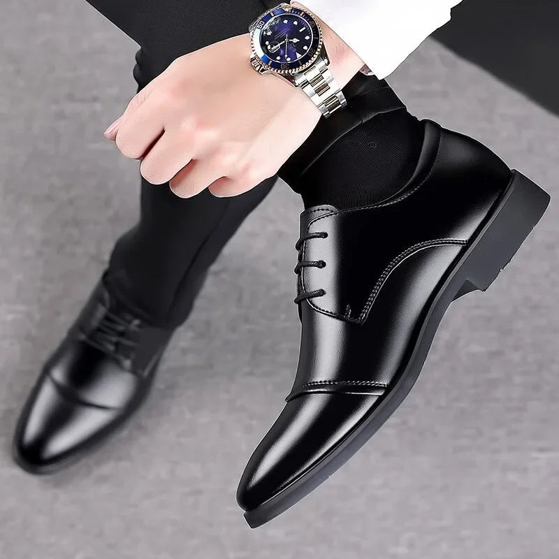 Men's Formal Wedding Shoes Large Size Increase Business Leather Shoes Rubber Bottom Microfiber Upper Cross-Border Men's Shoes