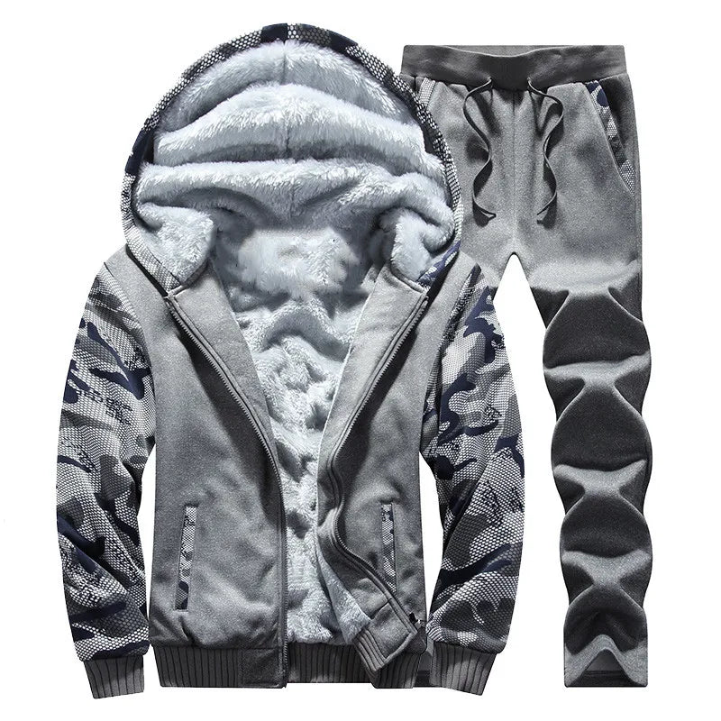 Winter Thick Men Sports Suit Men Tracksuit Hooded Sportswear Zipper Cardigan Hooded Woolen Trousers Pants Casual Men Fleece Set