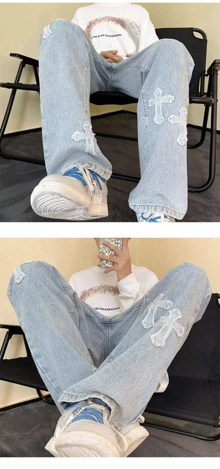 Vintage Men's Straight Jeans Cross Embroidery Casual Jeans Denim Loose Hip Hop Four Seasons Fashion Streetwear Pants Black Blue