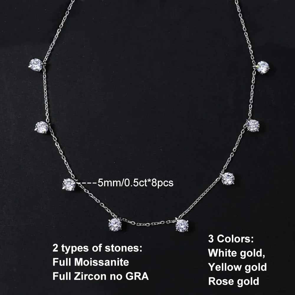 8 Stone Round Cut Real Moissanite Necklace for Women Floating Tiny Diamonds Neck Chain S925 Silver 18K Gold Plated Jewelry Gift