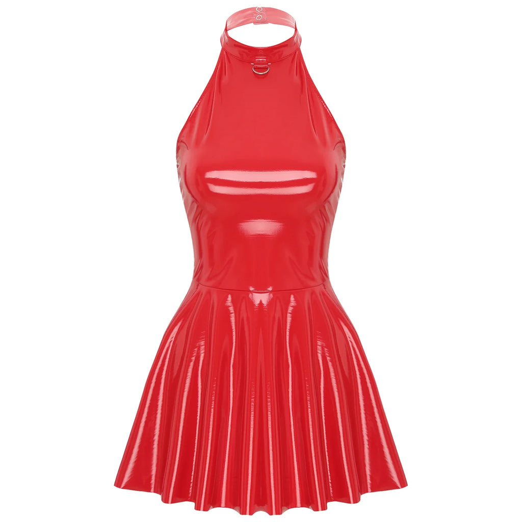 Womens Glossy Patent Leather Glossy Mini Skater Dress Halter Backless Bodycon Lingerie A-Line Dresses Rave Disco Party Clubwear