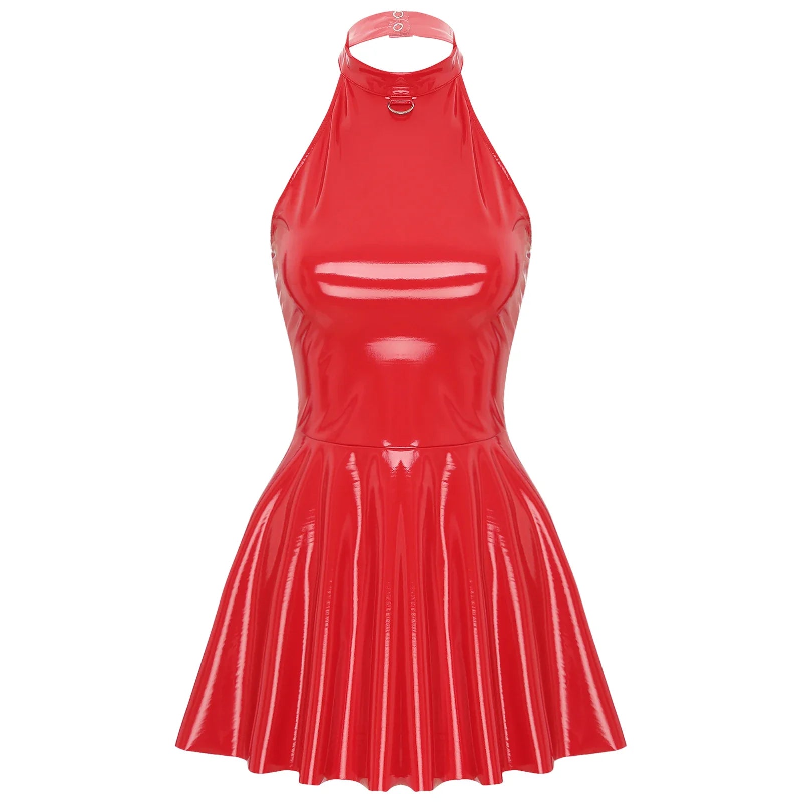 Womens Glossy Patent Leather Glossy Mini Skater Dress Halter Backless Bodycon Lingerie A-Line Dresses Rave Disco Party Clubwear