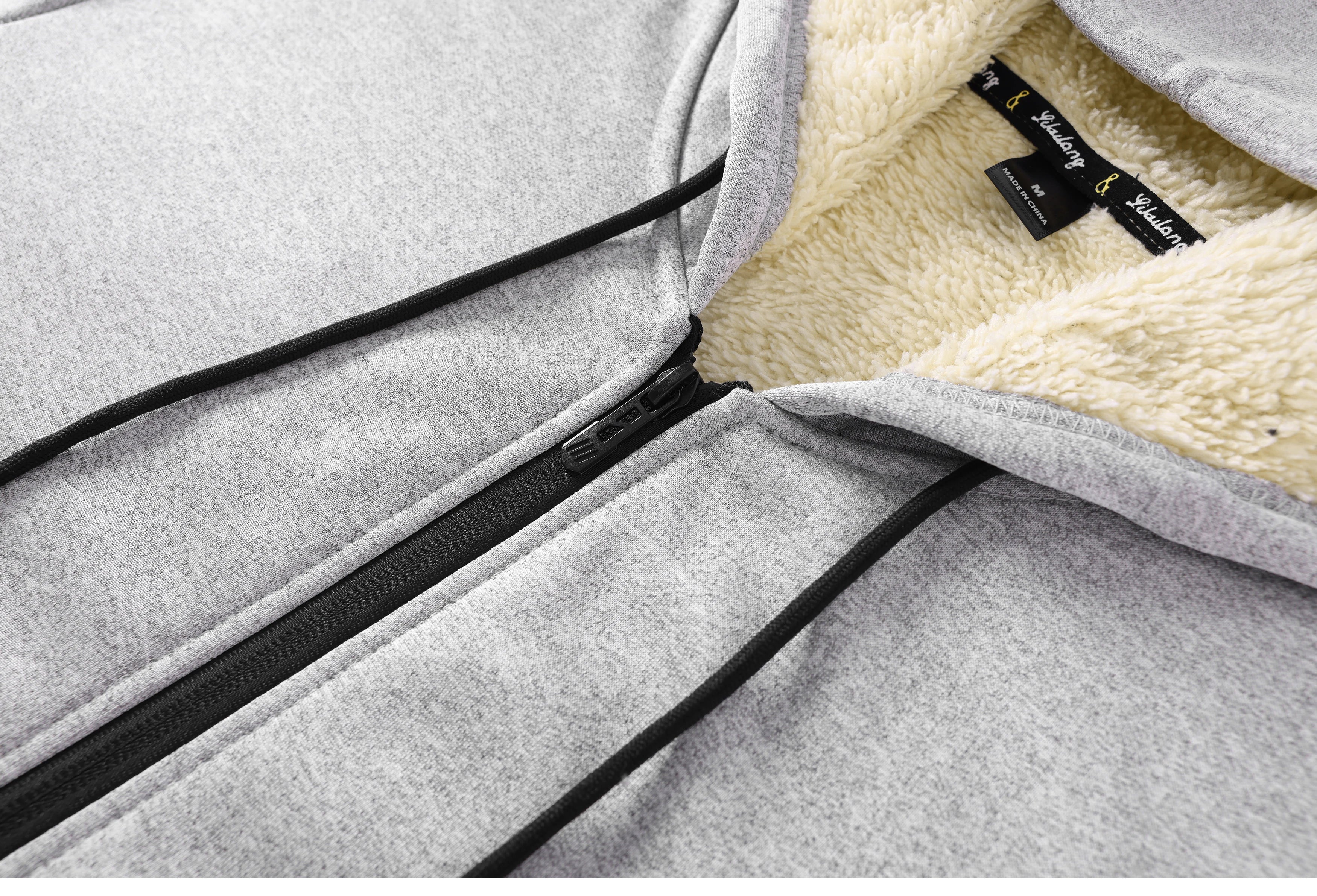 Men's Casual Thickened Wool Jacket Warm Zipper Hoodies Cardigan Sports Long Sleeve Sweatshirts Hooded Coat