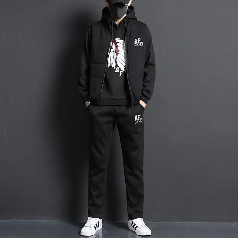 3 Pieces Set Hoodies+Vest+Pants Casual Track Suit Clothing Coats Winter Thick Warm Tracksuit for Couple Printed Mens Set Vest