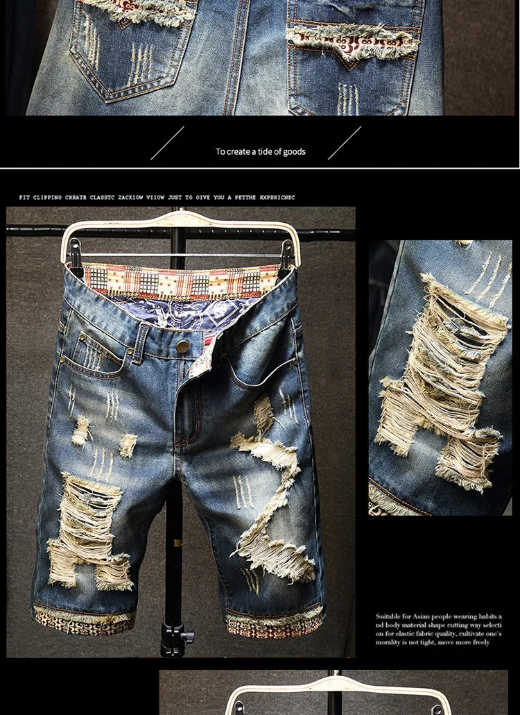 Streetwear Men's Ripped Denim Shorts Straight Slim Fashion Hip Hop Short Pants Big Hole Vintage Knee Length Jeans
