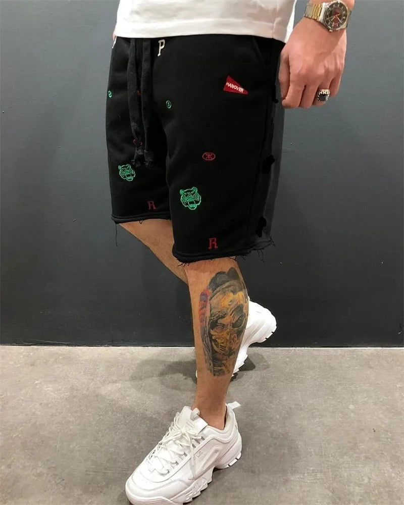 Spring Summer Mens Cotton loose Shorts Streetwear Bodybuilding Embroidered casual Short pants Jogger sports Tiger head Shorts