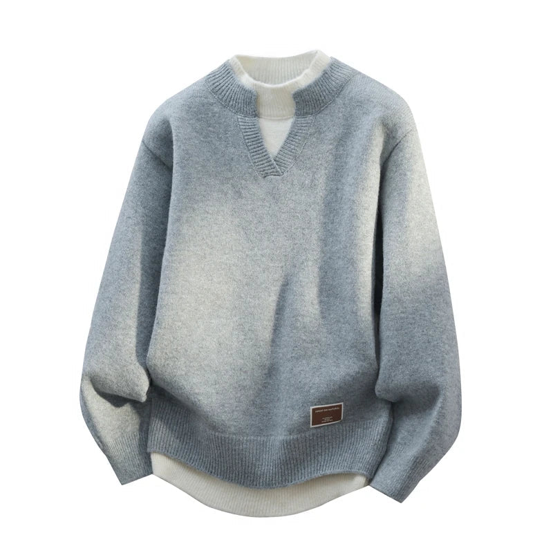 Fake Two Piece Pullover Cardigan Men Round Neck Long Sleeve Clothing Thermal Warm Comfortable Youth Casual Knit Sweater