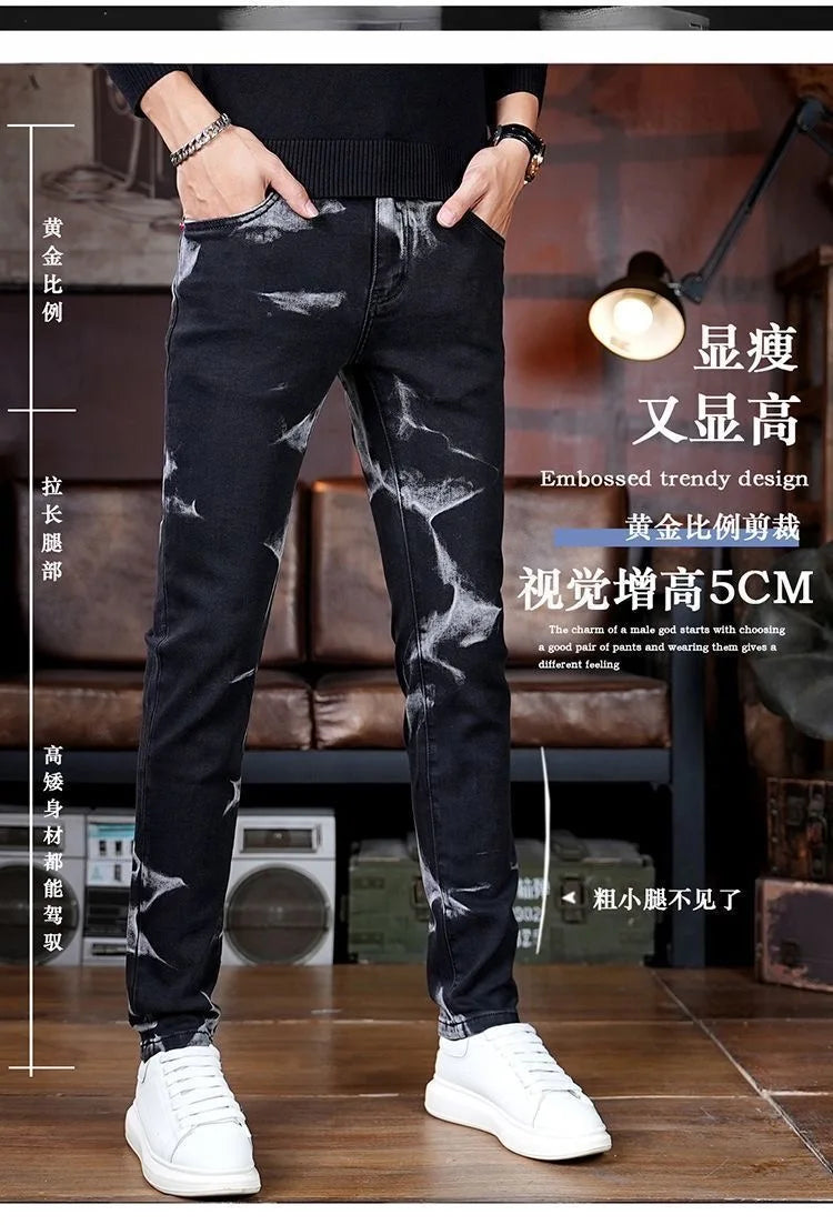 Spring and Autumn New Fashion Trend Retro Printed Straight Leg Elastic Jeans For Men's Casual Sports Comfort High-Quality Jeans