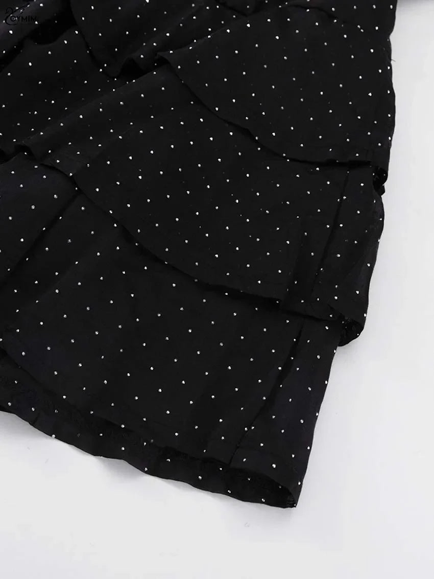 Fashion Black Rhinestone Women's Dress Casual Lapel Long Sleeve Button Dresses Elegant New Lace-Up Pleated Mini Dresses