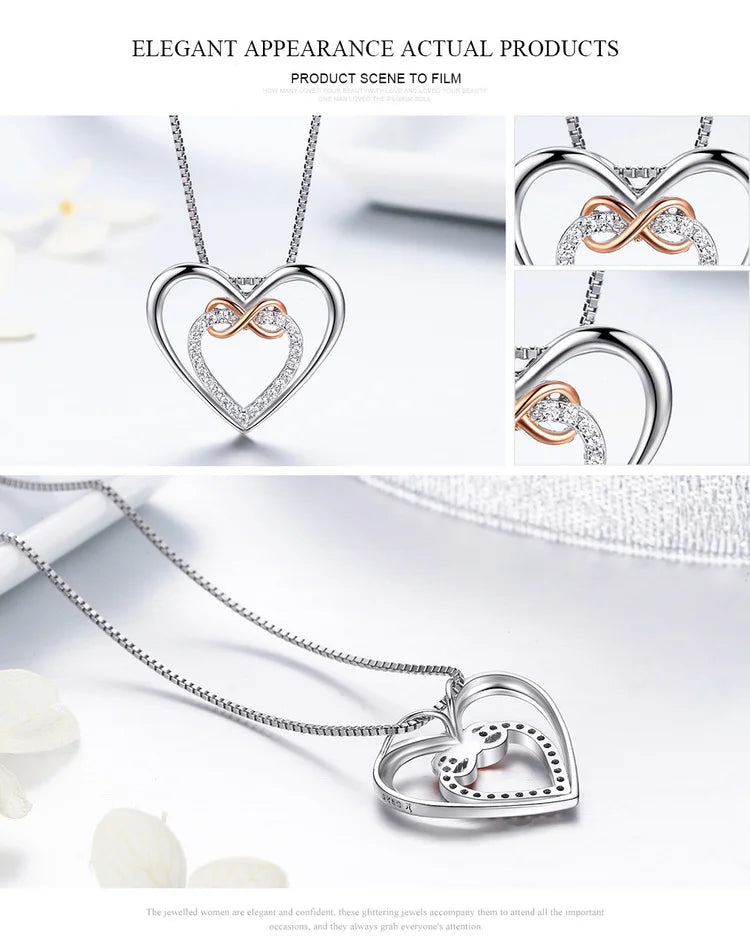 925 Sterling Silver Elegant Double Heart Infinity Love Pendant Necklace for Women Fine Jewelry Anniversary Gift SCN121