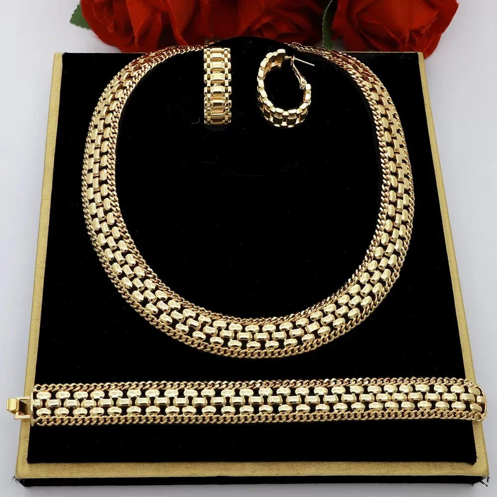 Dubai Luxury Handmade Women Jewelry Set 18k Gold-Plated Chain Necklace Bracelet Stud Earring Full Set Party Wedding Bijoux