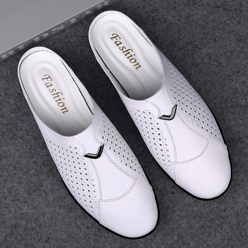 Summer Men Shoes Casual Brand Mens Penny Loafers Genuine Leather Luxury Half Slipper For Men Breathable Lazy Driving Shoes Man