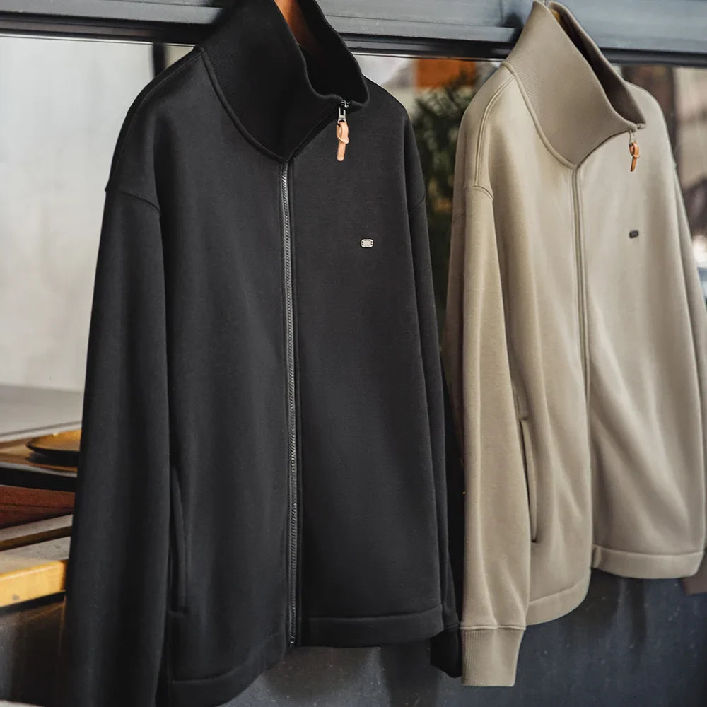 Men's High Neck Warm Jacket Polar Fleece Lining Thickened Coat Casual Sports Style Cardigan Sweater Vintage Tennis Jacket