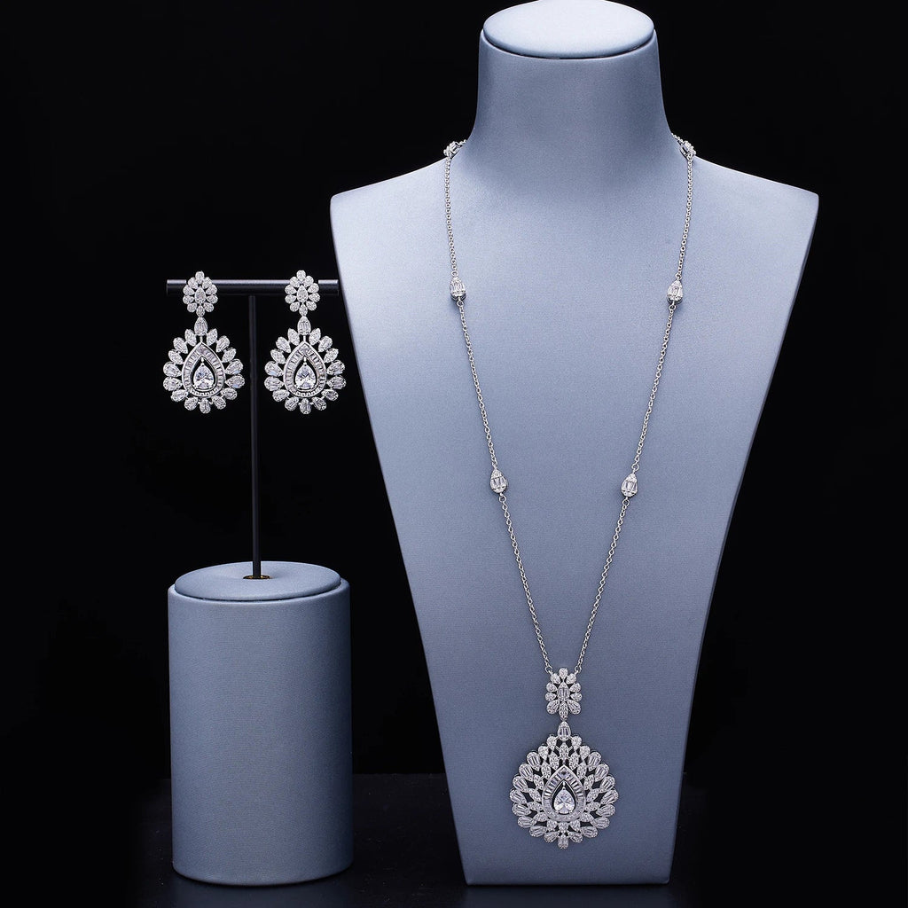 Elegant Women Wedding Jewellery African CZ Crystal Leaf Drop Bridal Necklace Bracelet and Earrings Jewelry Sets