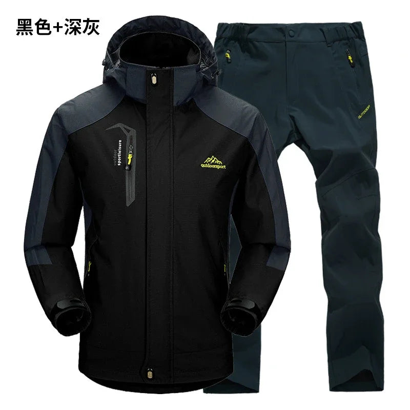 Outdoor Jacket Pants Sets Men Fleece Thermal Waterproof Windproof Hooded Jackets Hiking Military Trip Mountain Camping Clothes