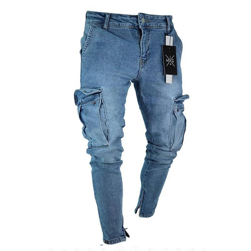 Men's Stretchy Skinny Ripped Jeans Side Pocket Washed Slim Denim Pants