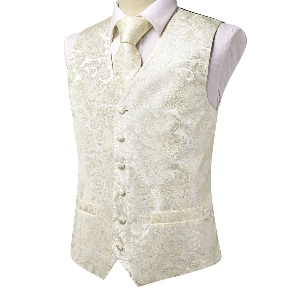 Silk Mens Waistcoat Tie Set Gold Brown Orange Beige Ivory Khaki Bronze Sleeveless Jacket Suit Vest Necktie Hanky Cufflink