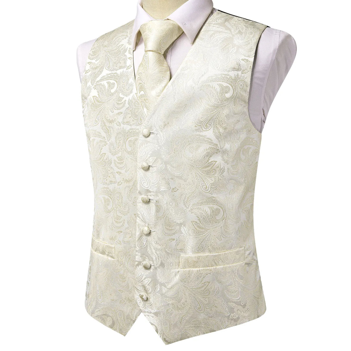 Silk Mens Waistcoat Tie Set Gold Brown Orange Beige Ivory Khaki Bronze Sleeveless Jacket Suit Vest Necktie Hanky Cufflink
