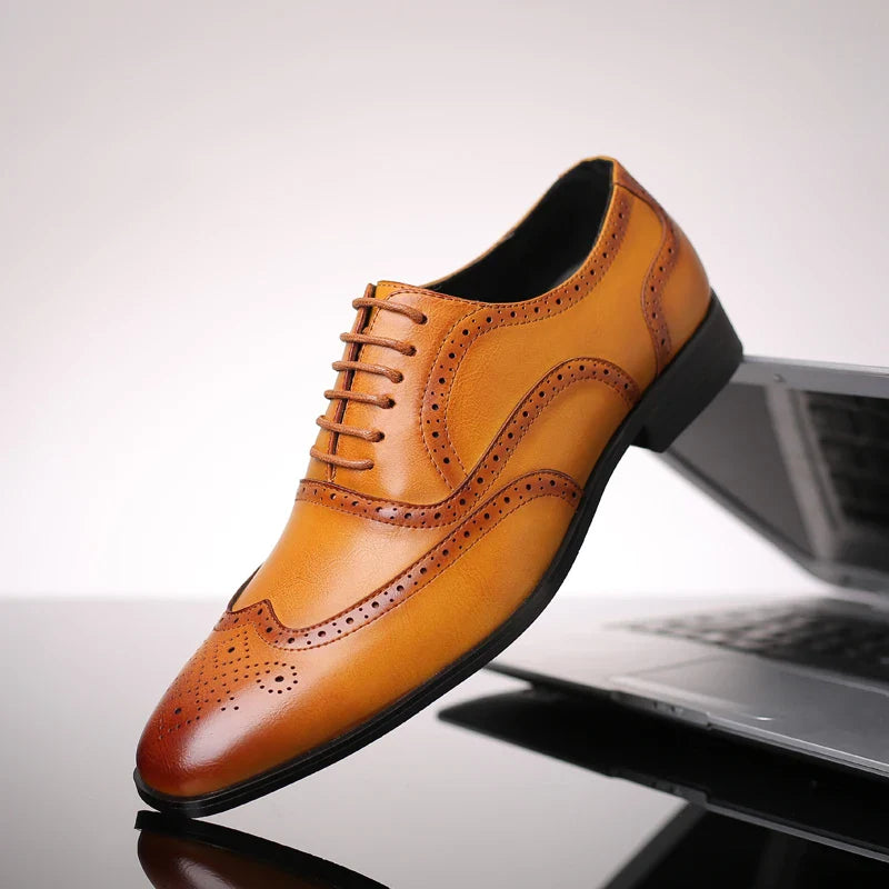 Men's Retro Business Leather Shoes – Genuine Leather Formal Lace-Up, Brown/Black, EU 40–48