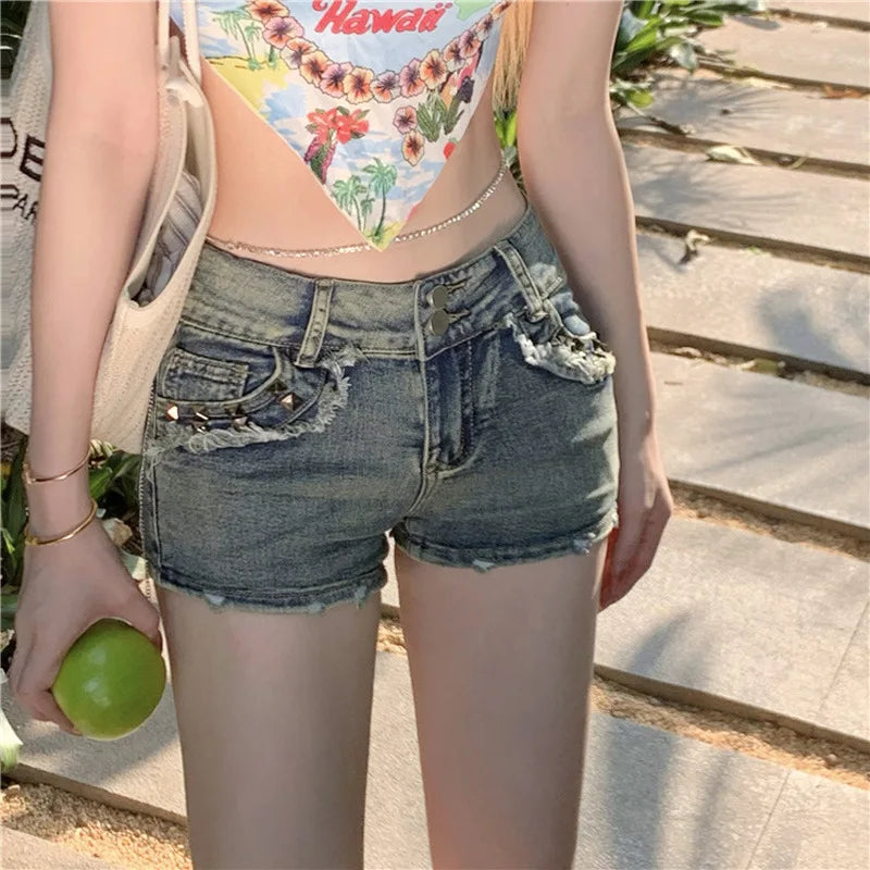 American Retro Low Waist Denim Shorts Women Summer Y2K Slim Fit High Street Hot Pants Y2K Girl Elastic Wrapped Cowboy Jeans