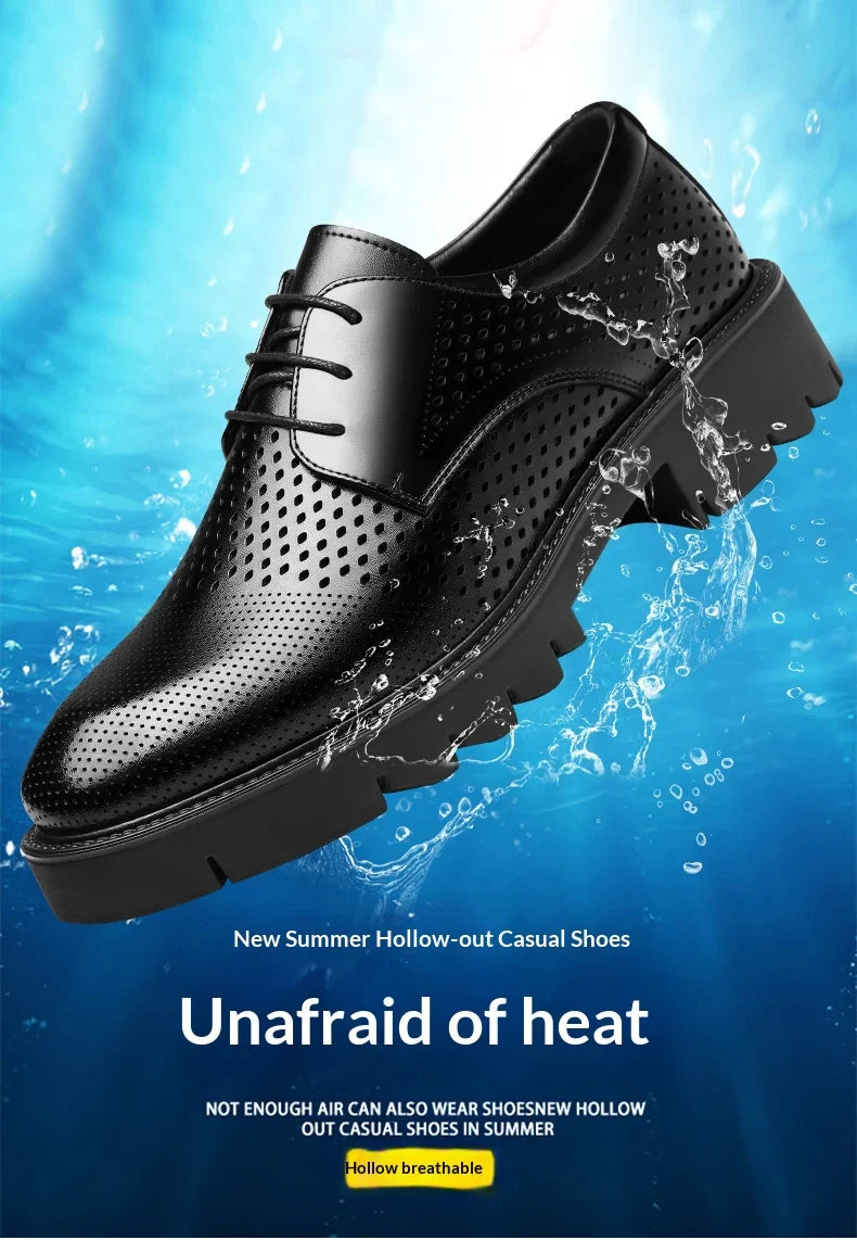 Summer Hollow Out Breathable Men Height Increasing Oxford Shoes 8/10CM Formal Business Dress Wedding Party Elevated Leather Shoe