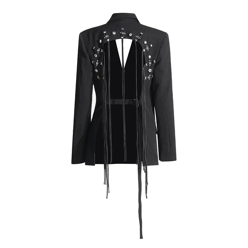 New Arrival Women Back Hollow Out Design Double Breasted Suit Jackets Y2K High Street Streamer Decoration Temperament Coat