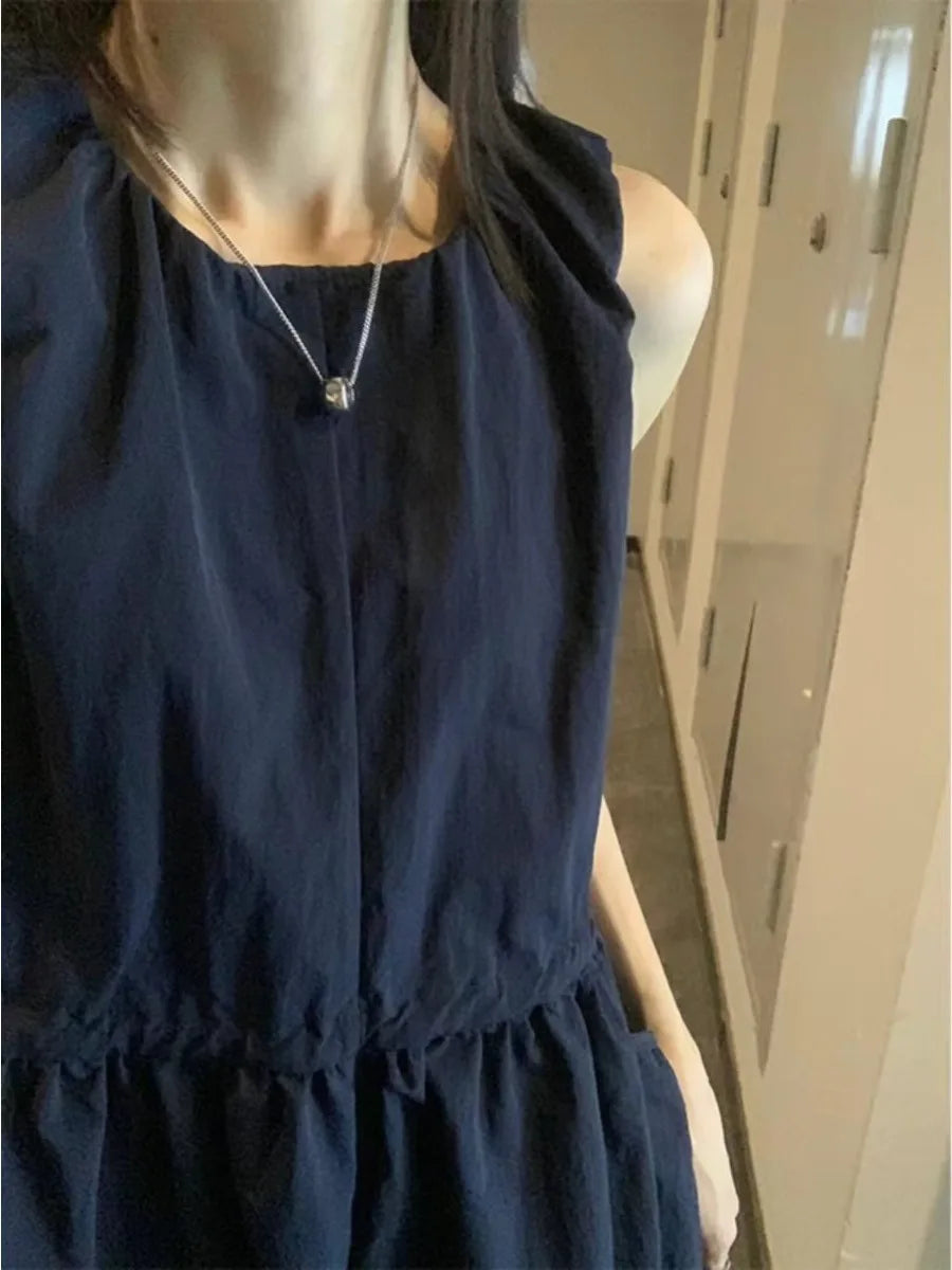 Loose Casual Women's Dr Summer 2026 New Korean Sle Dstring Waistl Svel Vest Skirt A-Line Midi round Ne