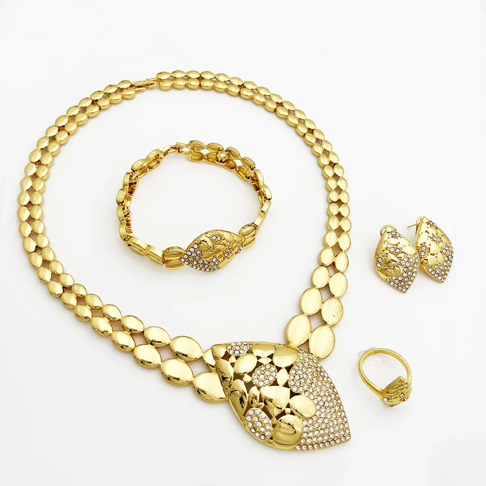 Quality Women Jewelry Sets Luxury Design Dubai Trending Gold Color Necklace Earrings Ring Bracelet Wedding Party Gift