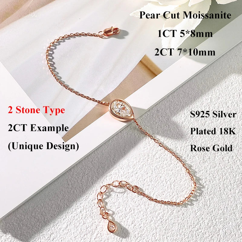 1/2CT Marquise Pear Cut Moissanite Solitaire Link Bracelet Women s925 Silver Bezel Setting Lab Diamond Bridal Wrist Chain