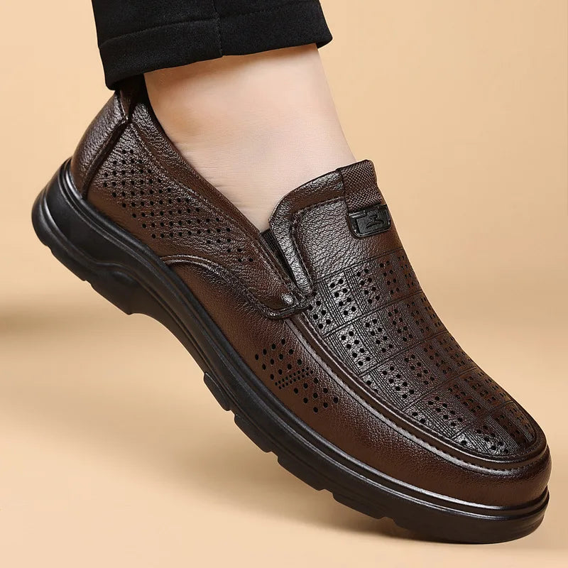 Men's Summer Breathable Leather Loafers Brown Hollow Out Slip-On Shoes Male Thick Sole Comfortable Non-slip Work Shoes for Man