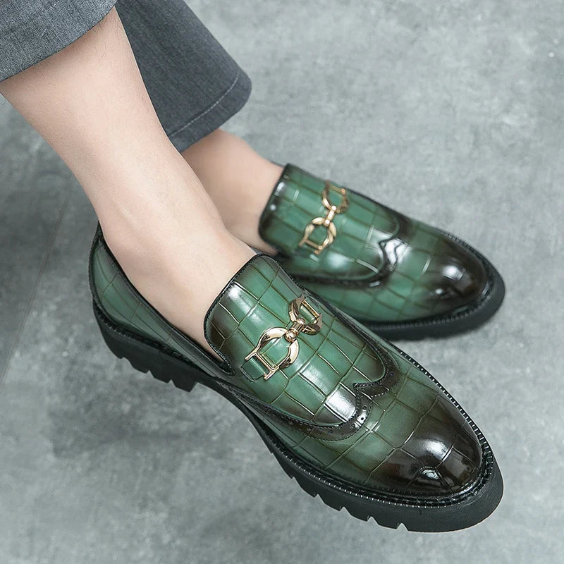 Trendy Brand Green Brogue Shoes Men's Leather Business Shoes Groom's Wedding Men's Loafers British Style Dress Shoes Men