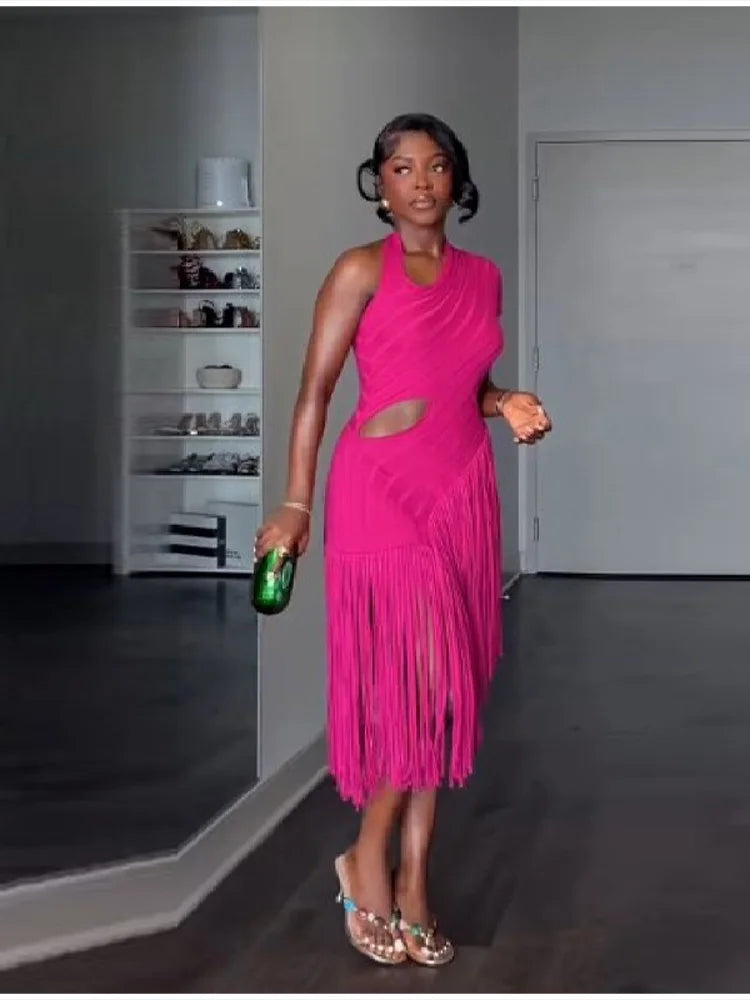 Women's summer Trend Sexy Fringe Pure Color Skirt Irregular Cut Backless Sleeveless Party Dresses Stylish Date Club Evening Gown
