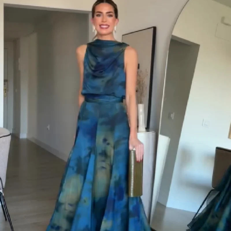 Women's Elegant Blue Watercolor Print Maxi Dress Sleeveless Cowl Neck Satin Formal Evening Gown A-line Floor Length Party Dress