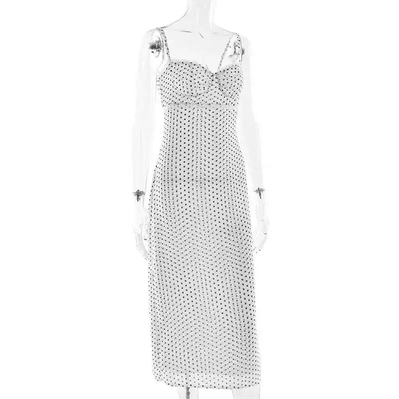 Polka Dot Spaghetti Strap Sexy Midi Dress Women Elegant Off-shoulder Backless Sleeveless Bodycon Club Party Dress