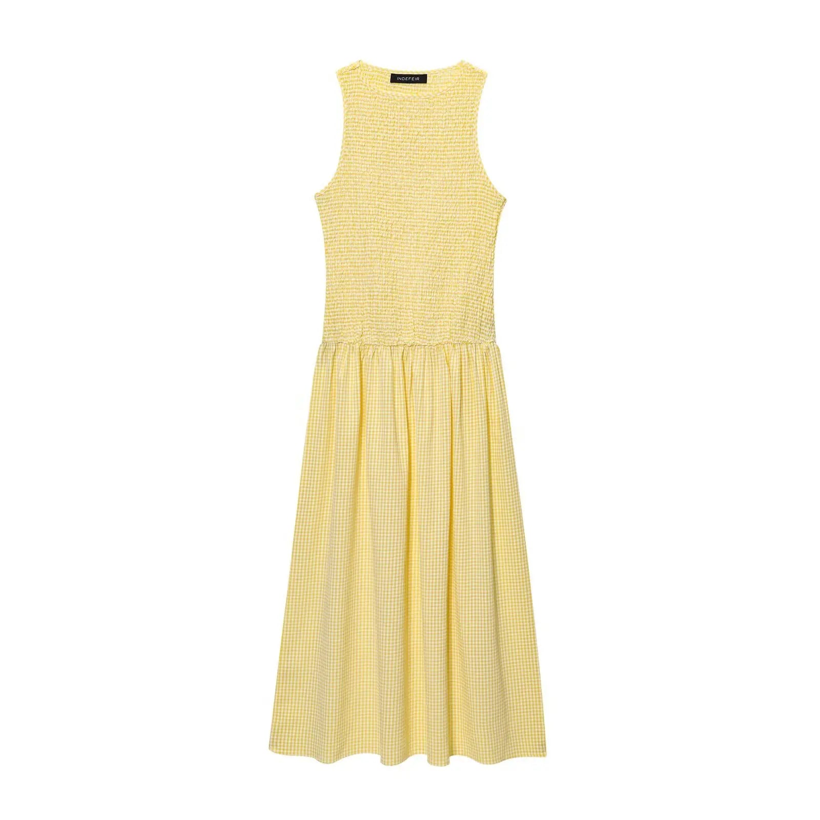 Dress for Women Fashion Summer New Plaid Fold Sleeveless O-neck Midi Vest Dresses French Chic Female Evening Clothing