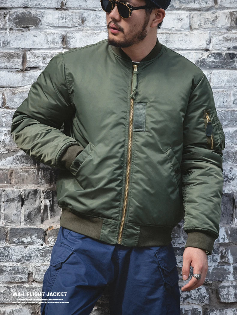 Vintage MA1 Pilot Jacket Green Thickened Cotton-padded Jacket Casual Baseball Pockets Flight Zipper Outwear for Men's Fall