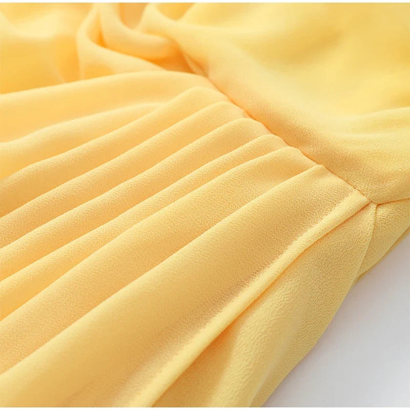 Elegant Solid Pleated Strapless Maxi Dress Yellow Off-shoulder Backless High Waist Split Robe 2026 New Lady Evening Party Gown