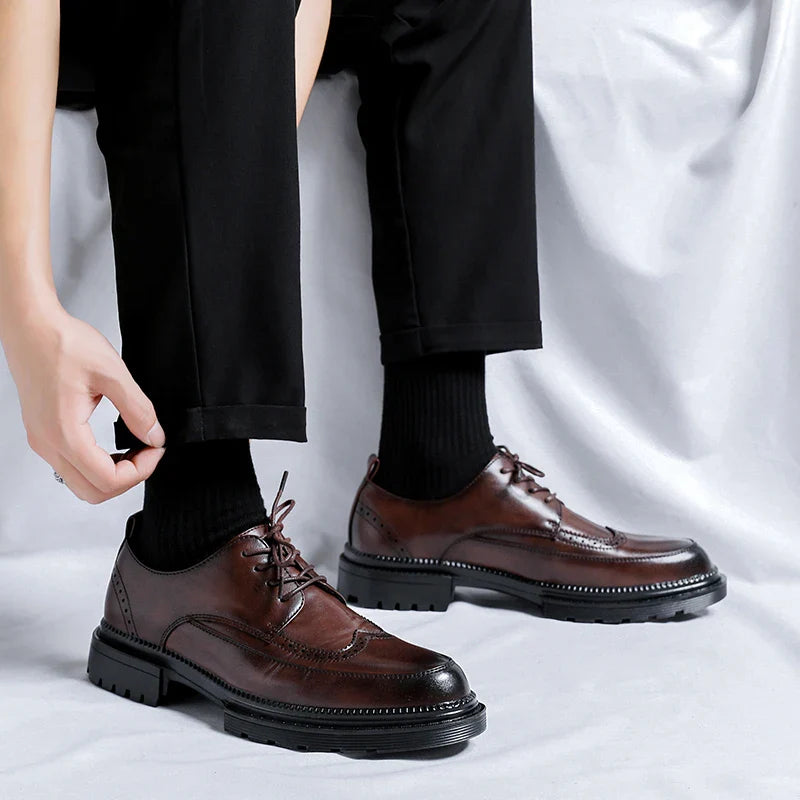 Men Korea Leather Platform Oxfords Slip on Thick Tottom for Male Derby Shoes Casual Loafers Mens Square Toe Formal Dress Shoes