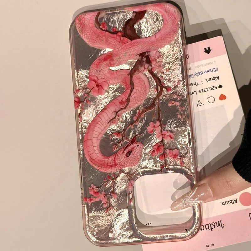 Illustration Plum Blossom Pink Snake Phone Case For iPhone 16 Pro Max 15 14 Plus 13 12 11 XS X XR 7 8 16 Plus SE 2022 16E Cover